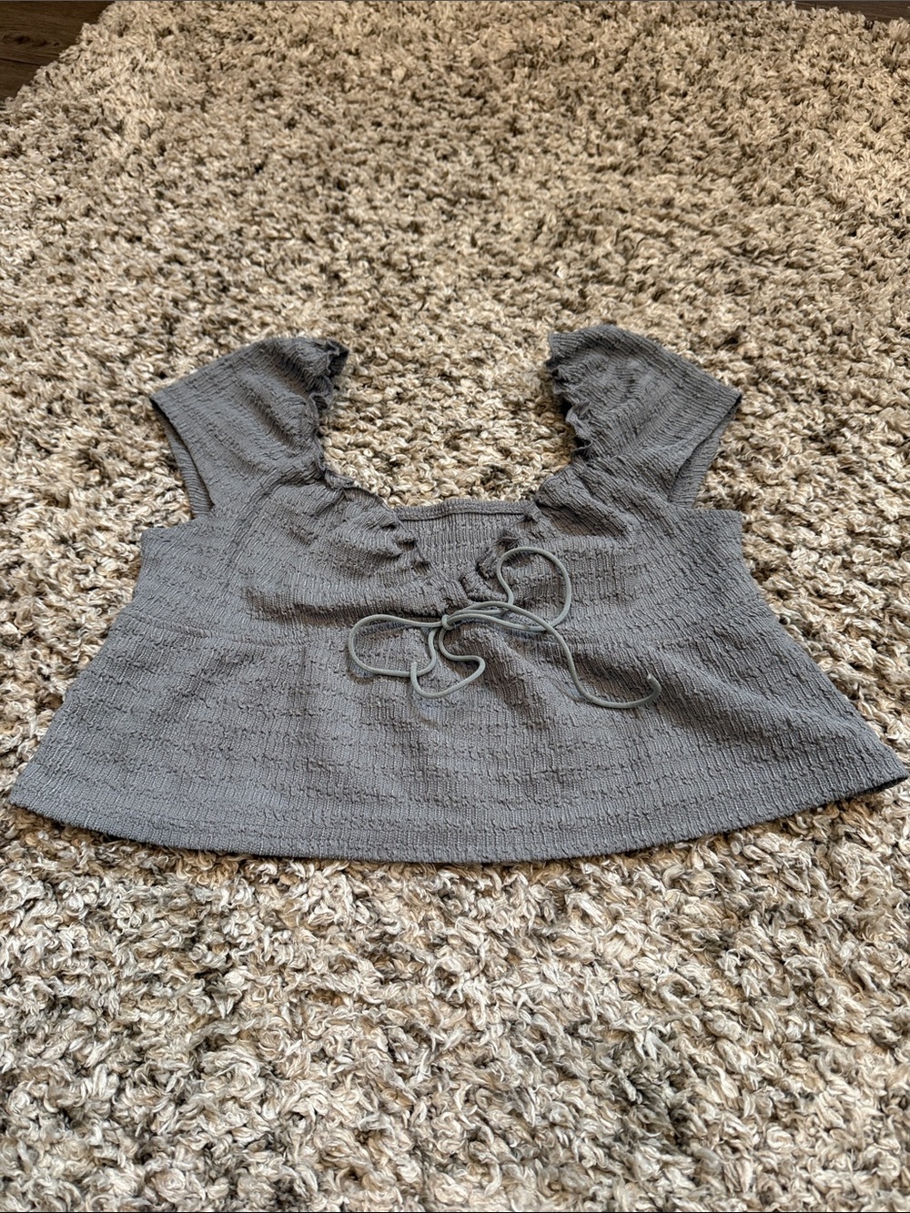 SHEIN Gray Smocked Square-Neck Crop Top with Front Tie